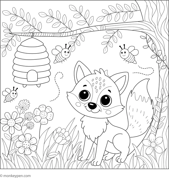 Fox And A Beehive Colouring Page