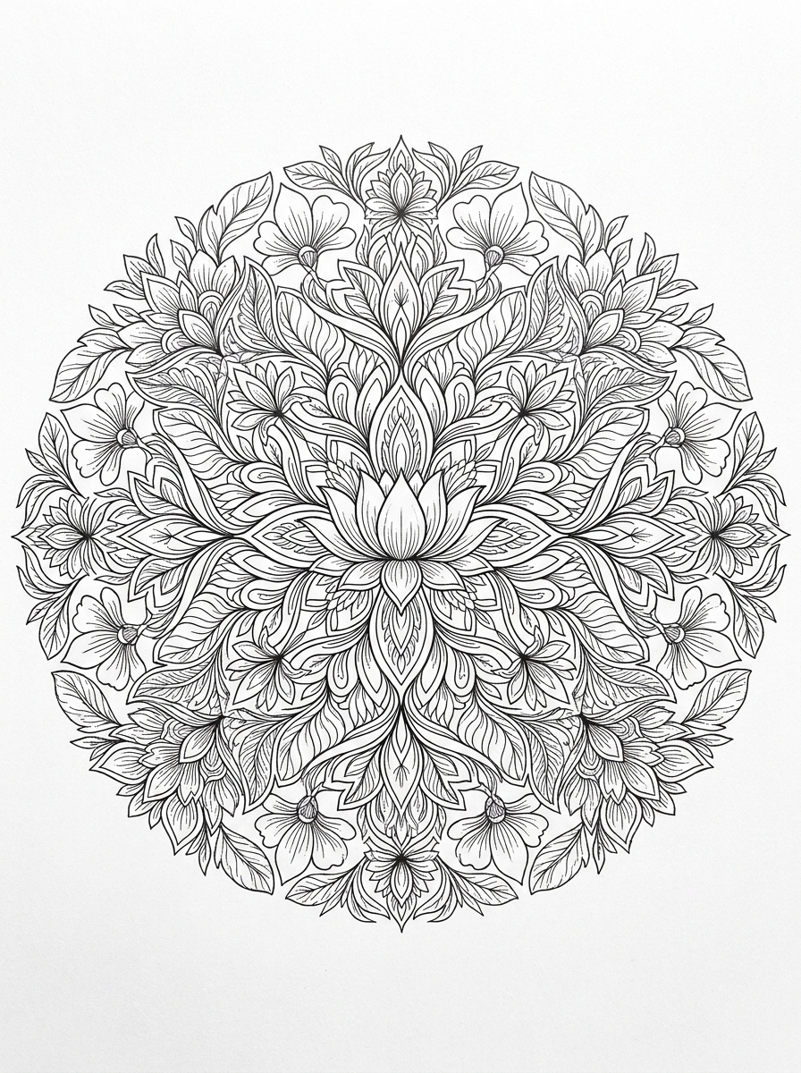Circular floral mandala coloring page pattern