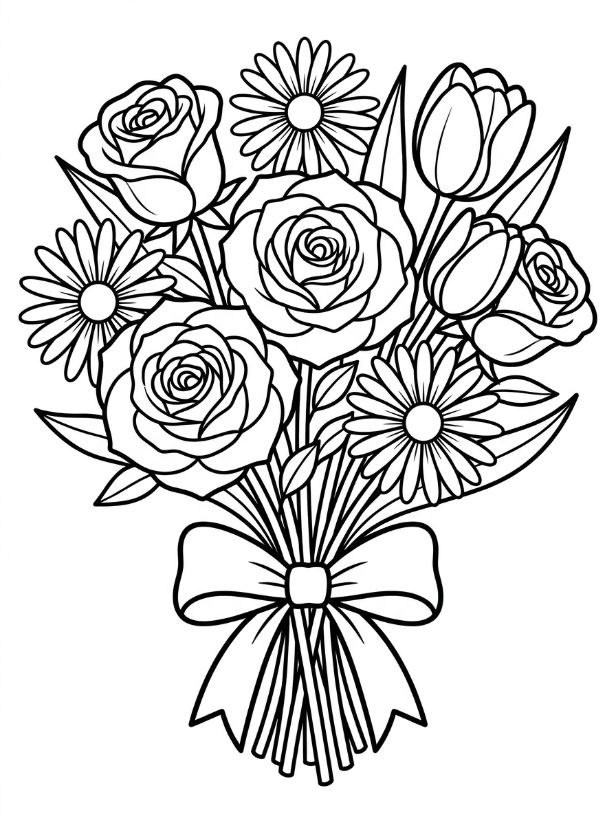 Bouquet of mixed flowers coloring page with ribbon bow