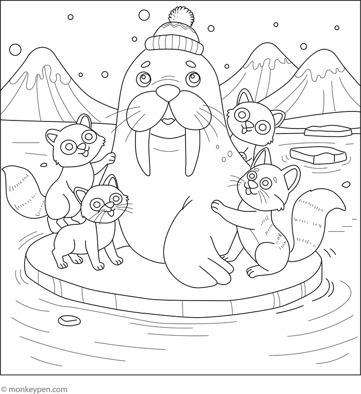 Walrus With Arctic Fox Friends Colouring Page