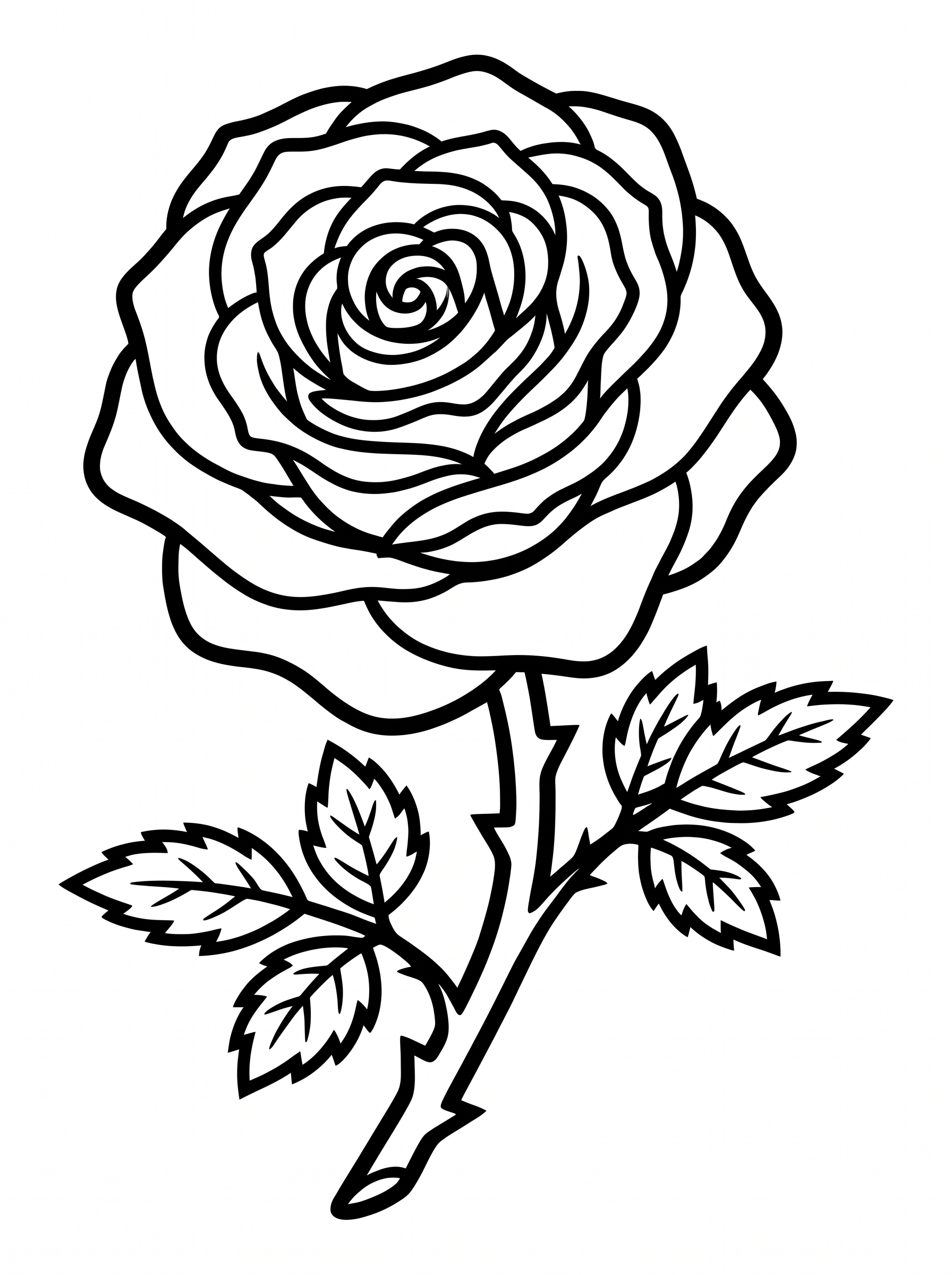 Black and white rose flower coloring page with detailed petals