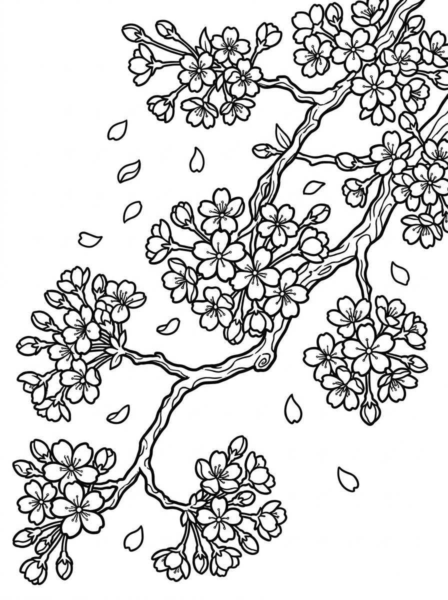 Cherry blossom branch coloring page with small flowers