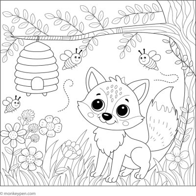 Fox And A Beehive Colouring Page