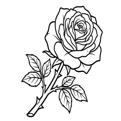 Black and white rose flower coloring page with detailed petals