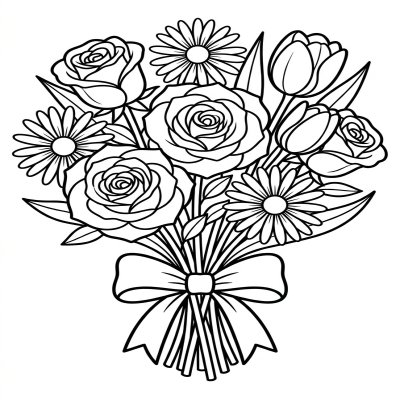 Bouquet of mixed flowers coloring page with ribbon bow