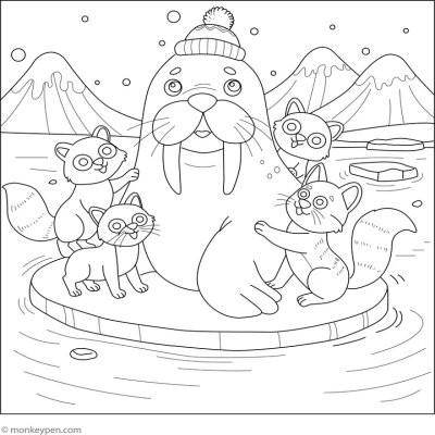 Walrus With Arctic Fox Friends Colouring Page
