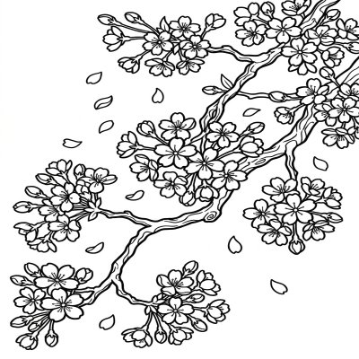 Cherry blossom branch coloring page with small flowers
